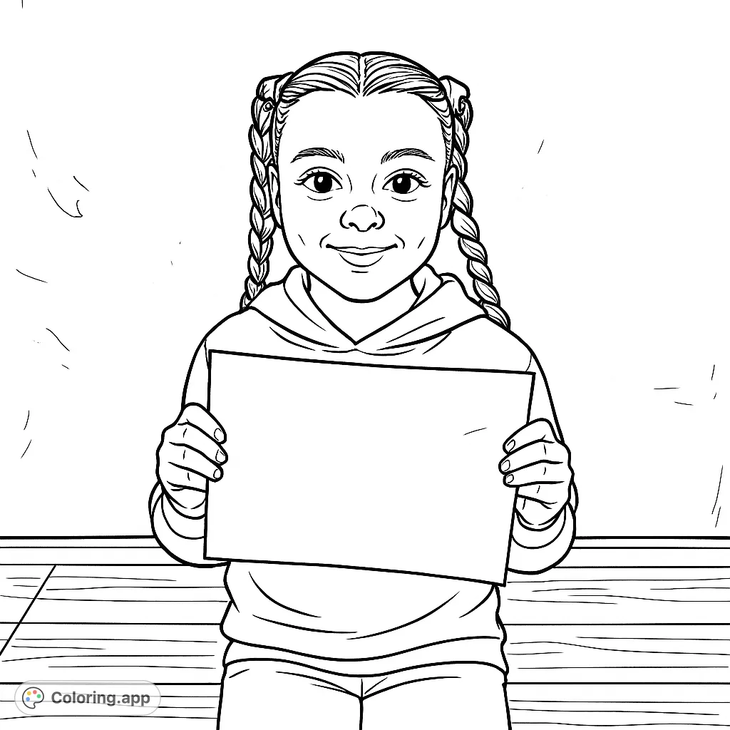 A cheerful girl holds a blank paper, ready for your creative designs. Perfect for adding your own drawings or messages to personalize.