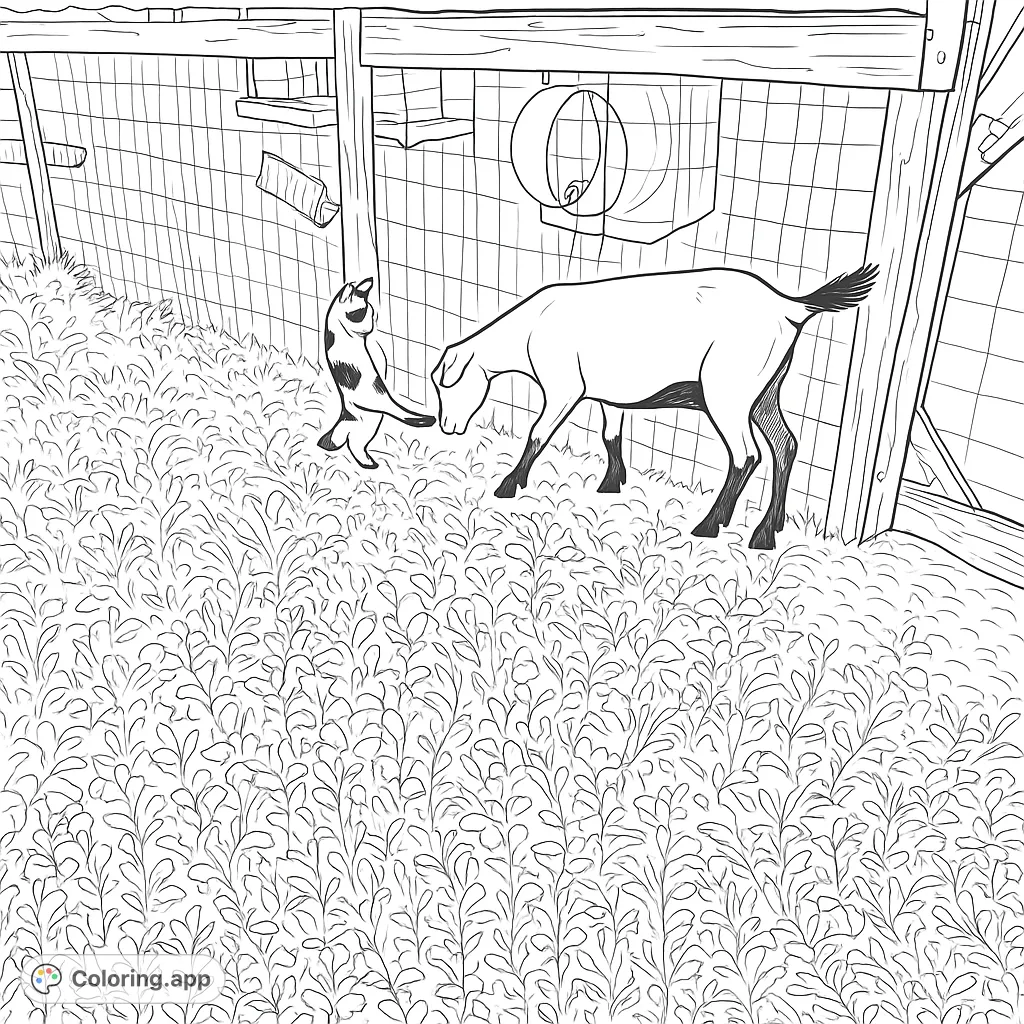 Discover a heartwarming farm scene featuring a gentle goat and a playful kitten interacting through a fence. A delightful animal friendship coloring page.