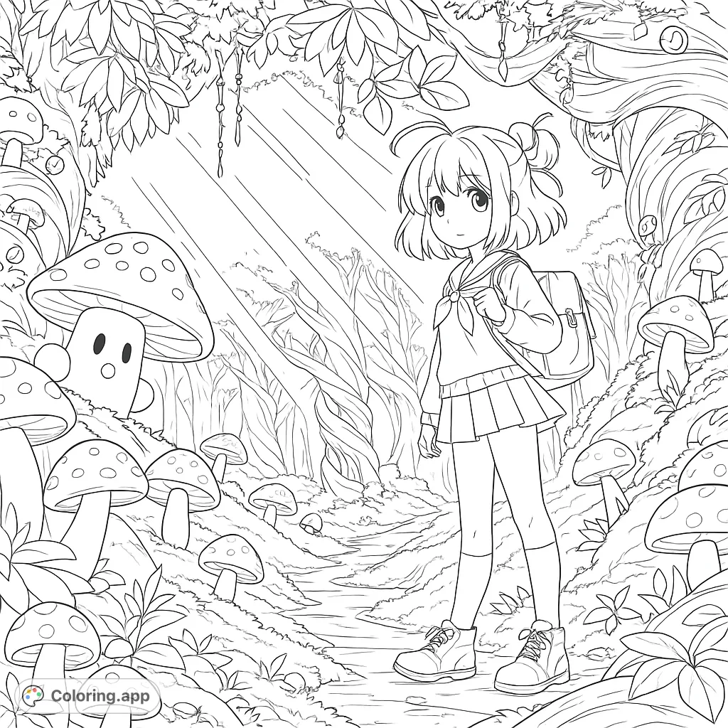 A charming girl explores a magical forest filled with giant, spotted mushrooms and glowing lights, perfect for a whimsical coloring adventure.