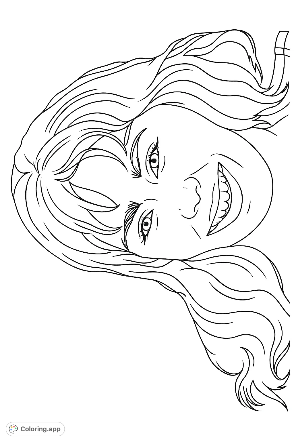 A cheerful portrait of a young woman with a wide smile and flowing hair, perfect for adding your own vibrant colors and personal touch.