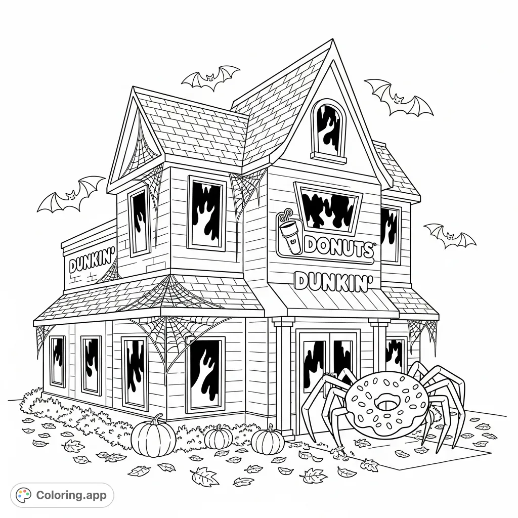 Transform a familiar donut shop into a spooky haunted house for Halloween! Features a spider donut, bats, and eerie windows. A fun, kid-friendly design.