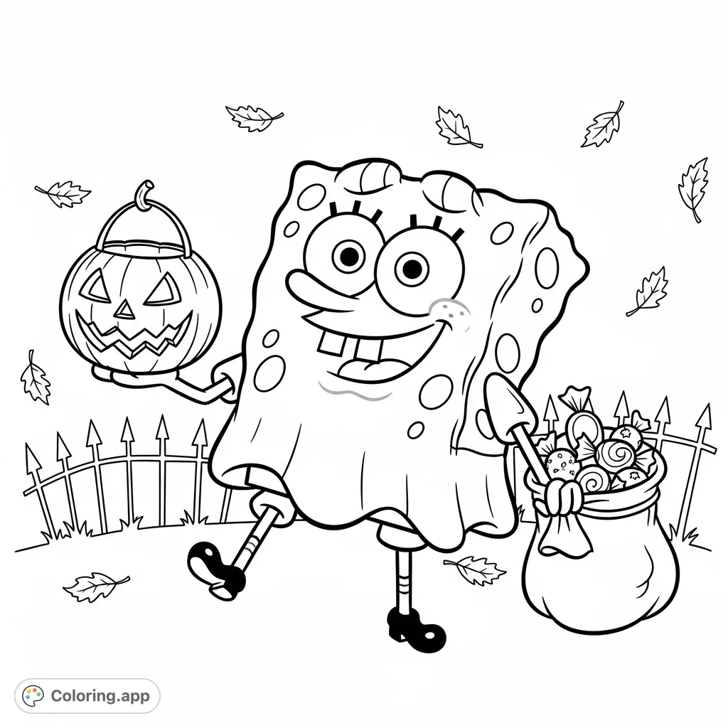 Join SpongeBob SquarePants in his ghost costume, holding a jack-o'-lantern and a sack of candy, ready for a fun Halloween adventure!