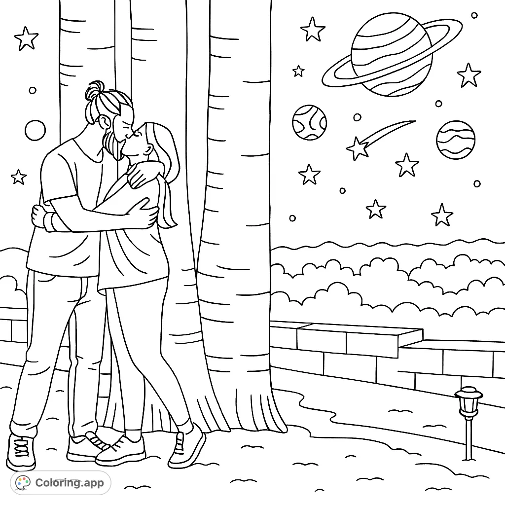 A loving couple shares a tender moment, embracing between tall palm trees, with a distant town and celestial elements in the background. A romantic scene.