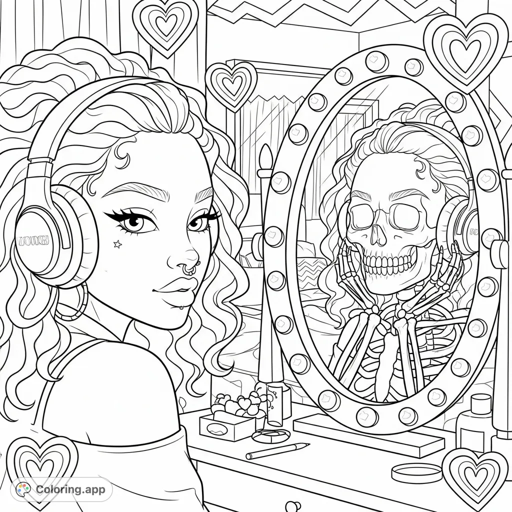 A girl with curly hair and headphones looks into a vanity mirror, seeing a skeletal reflection of herself, exploring themes of identity and perception.