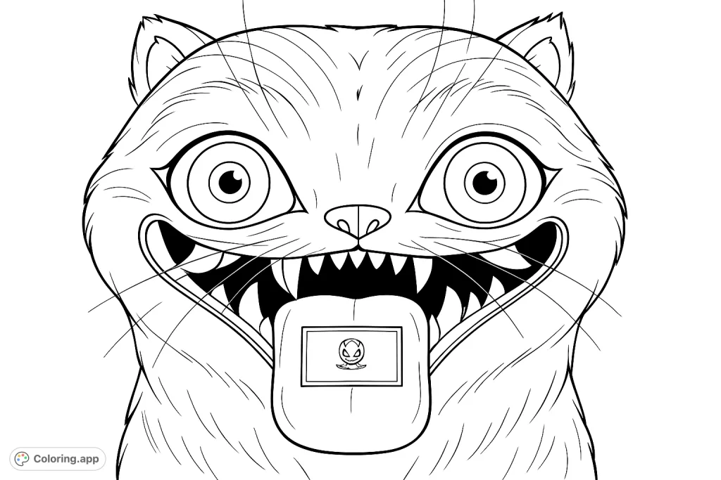 A whimsical, wide-eyed feline creature with a wide grin, sharp teeth, and a small object on its tongue, set against a soft, natural background.