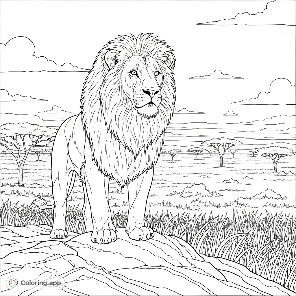 A powerful lion stands on a rocky outcrop, surveying the vast savanna. This detailed coloring page captures the essence of the wild.