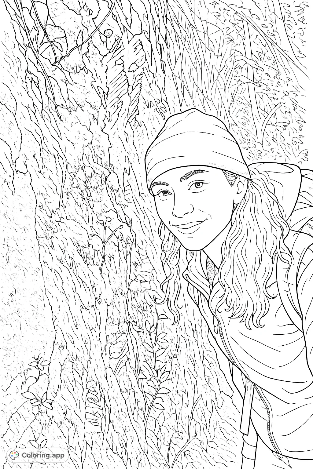 Explore nature with this hiker portrait by a textured mossy rock wall. A detailed scene perfect for coloring enthusiasts of all ages.