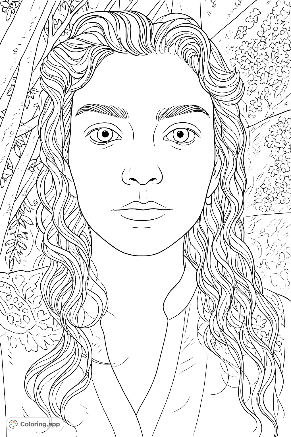 A captivating portrait of a woman with flowing curly hair, set against a natural backdrop of foliage and intricate floral patterns. Perfect for a relaxing coloring experience.