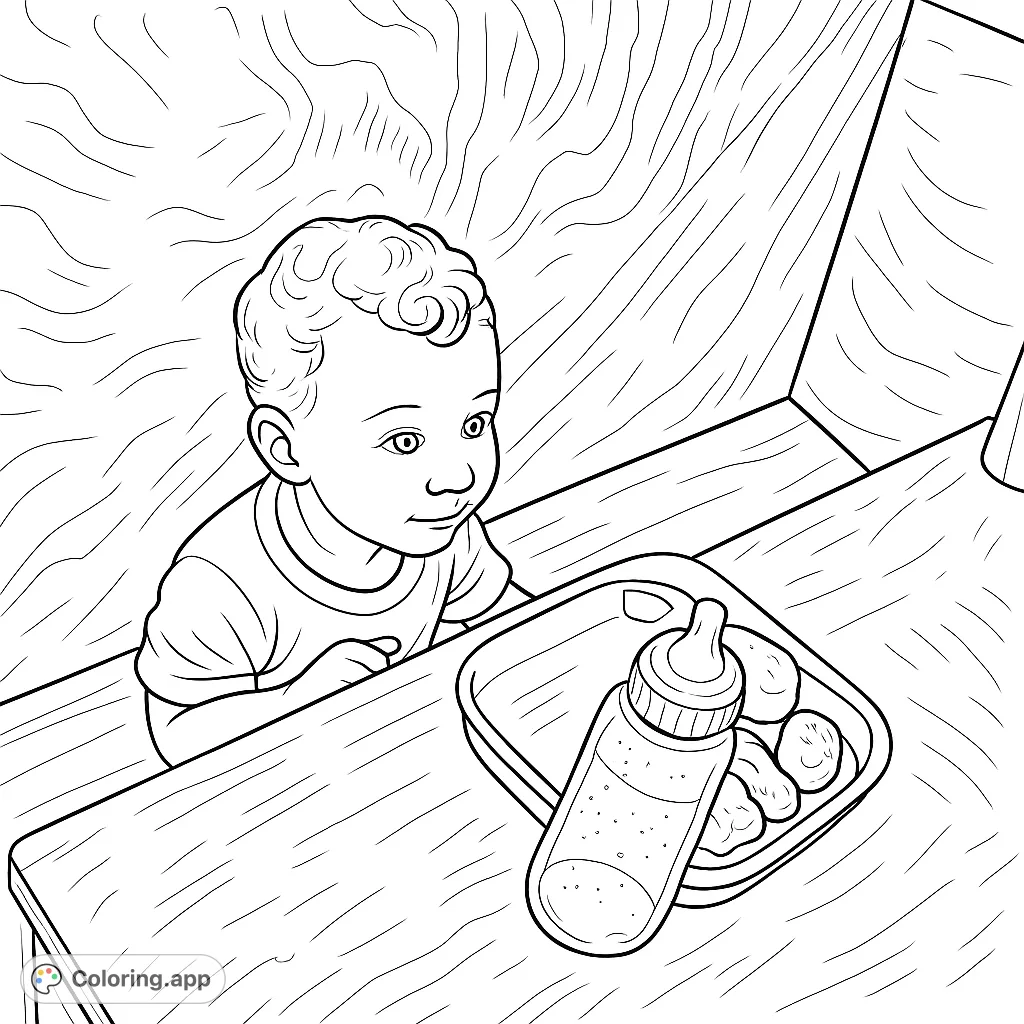 A sweet toddler enjoys a meal at a cozy wooden booth, with a tray of food and a bottle. A charming scene for a delightful coloring experience.