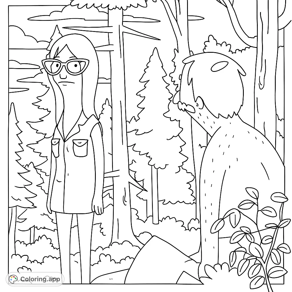 Join two distinct characters on a wilderness adventure, covered in splotches amidst a forest backdrop. A fun, free printable coloring page for fans of animated humor.