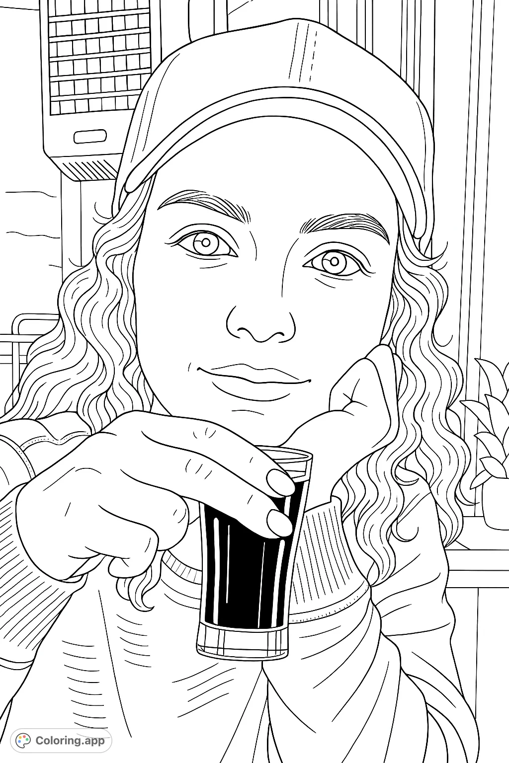 A friendly woman in a cap holds a small glass, offering a relaxed scene for coloring. Features curly hair, detailed clothing, and a subtle industrial background.