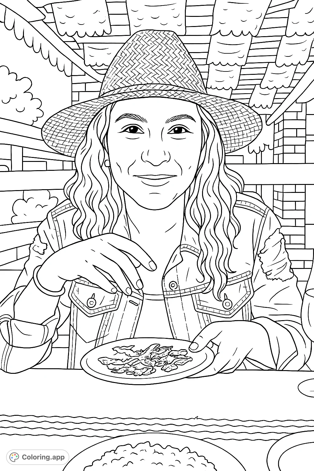 A charming coloring page featuring a young woman in a stylish hat and denim jacket, holding a plate at a festive table. Perfect for creative expression.