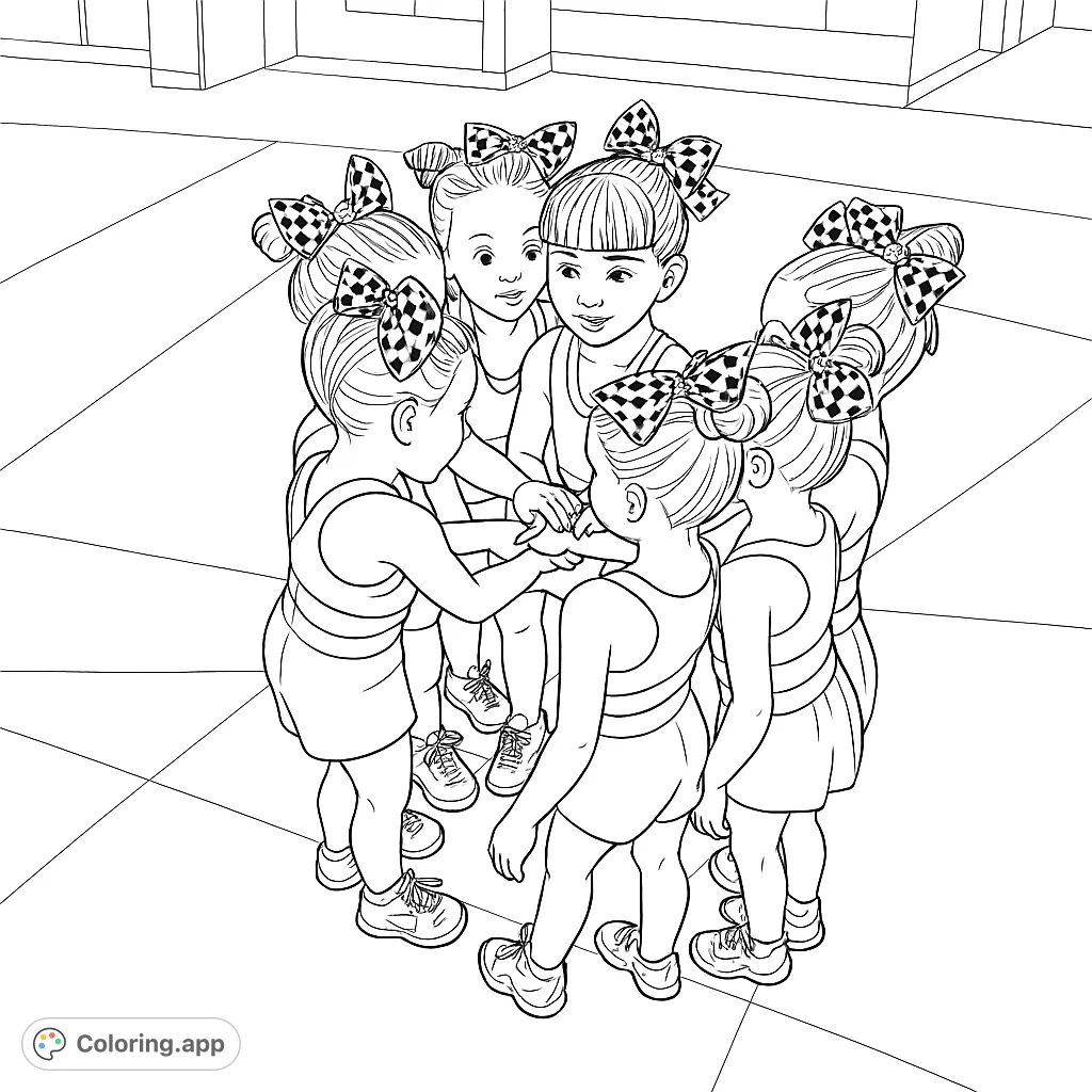 Seven young girls in athletic wear huddle together, hands stacked, adorned with checkerboard bows. A heartwarming scene of teamwork and friendship.