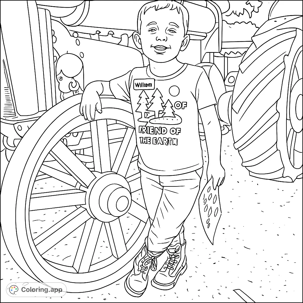 A charming coloring page featuring a young boy posing proudly next to a large, weathered farm tractor, perfect for farm enthusiasts of all ages.