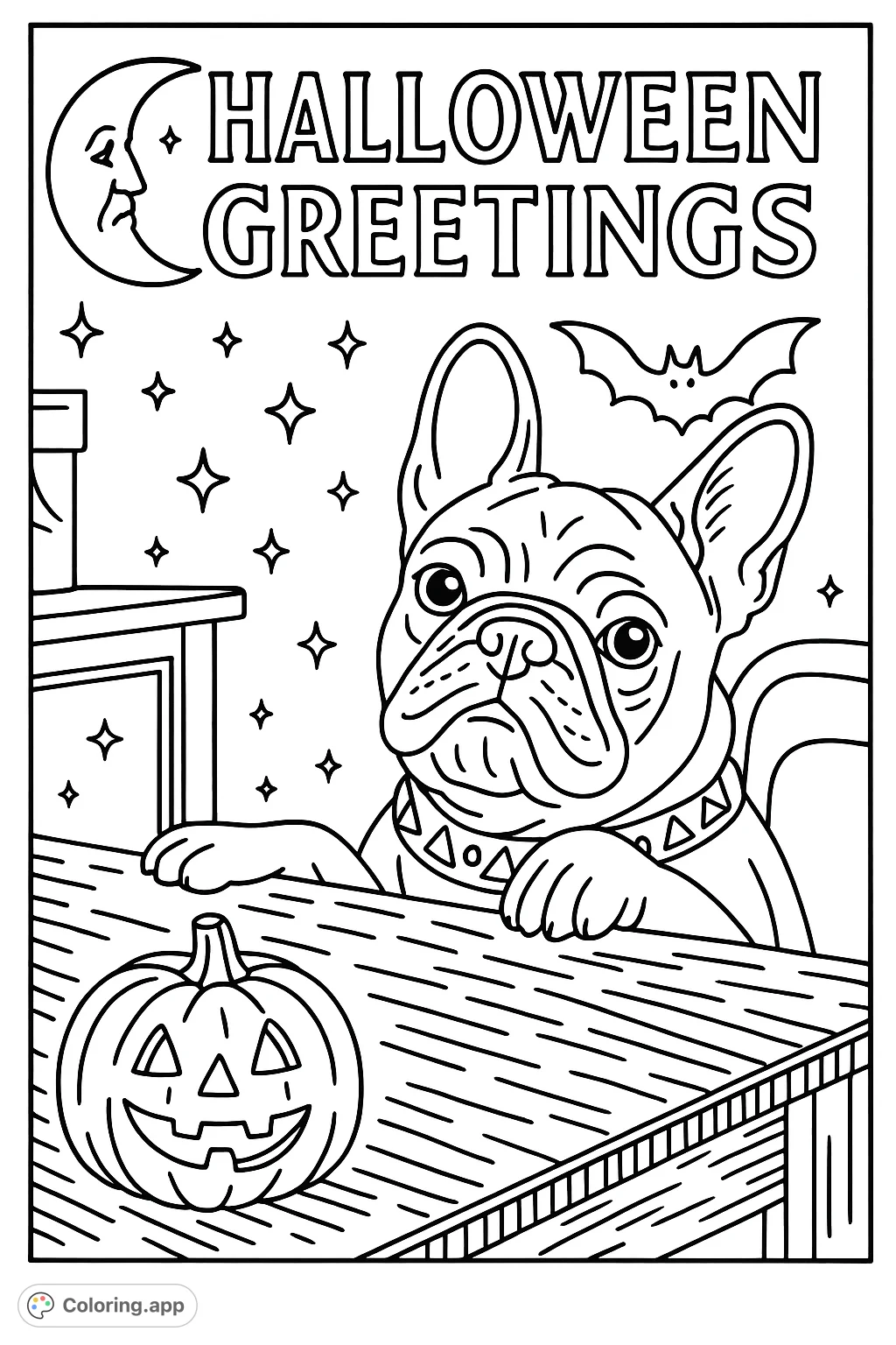 A charming French Bulldog celebrates Halloween with a carved pumpkin, a flying bat, and a crescent moon, perfect for festive coloring fun.