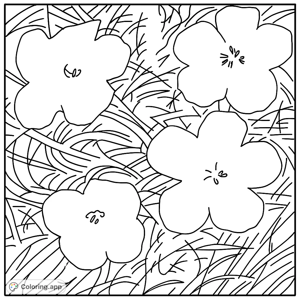 Four bold, stylized flowers with distinct petals and a textured background, offering a vibrant pop art coloring experience. Perfect for creative expression.