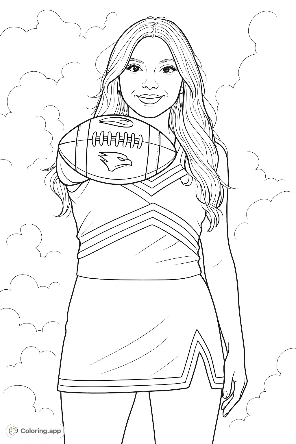 A confident cheerleader in uniform, holding a football, ready to inspire team spirit. Perfect for sports fans and aspiring athletes.