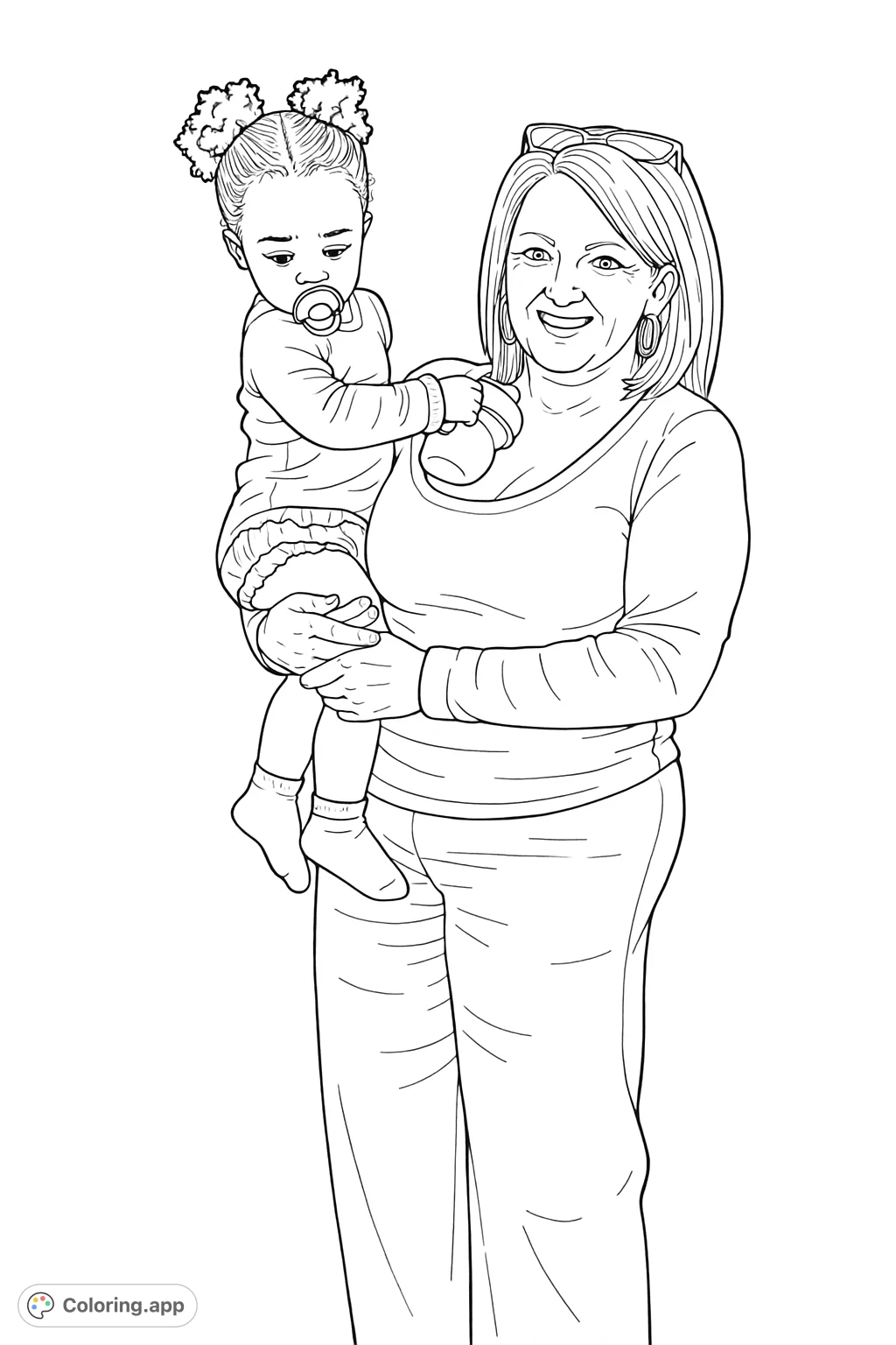 A heartwarming coloring page featuring a woman gently holding a young child with a bottle and pacifier. Perfect for celebrating family bonds and tender moments.