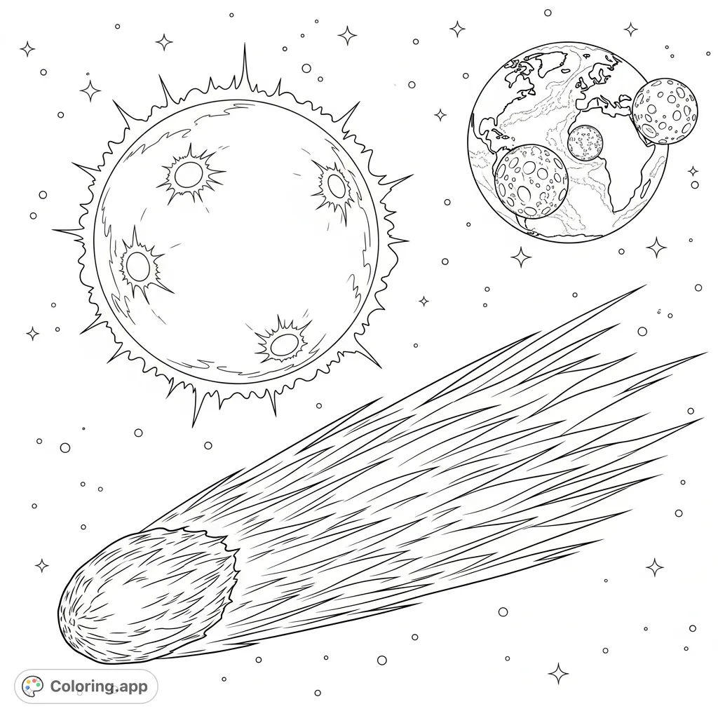 Embark on an epic cosmic journey with this space coloring page featuring a grand comet, the sun, Earth, and its moon. A stellar adventure awaits!