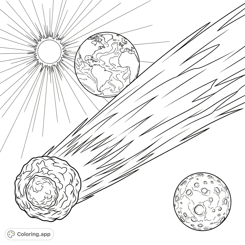 Explore a grand comet with an expansive tail, set against the backdrop of the sun, Earth, and moon. A captivating cosmic journey for your imagination.