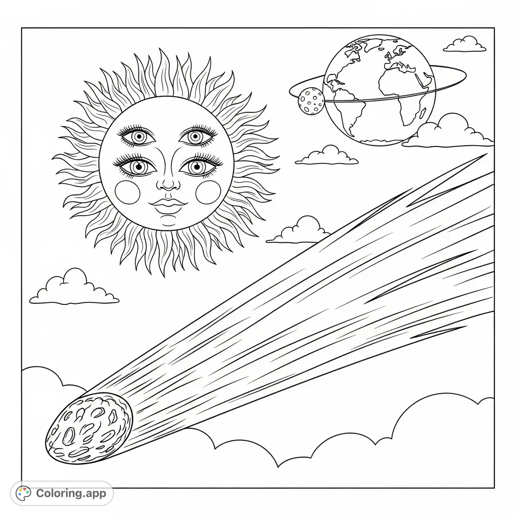 A unique celestial coloring page featuring a prominent comet, a sun with three whimsical eyes, and Earth with its moon. A cosmic adventure!