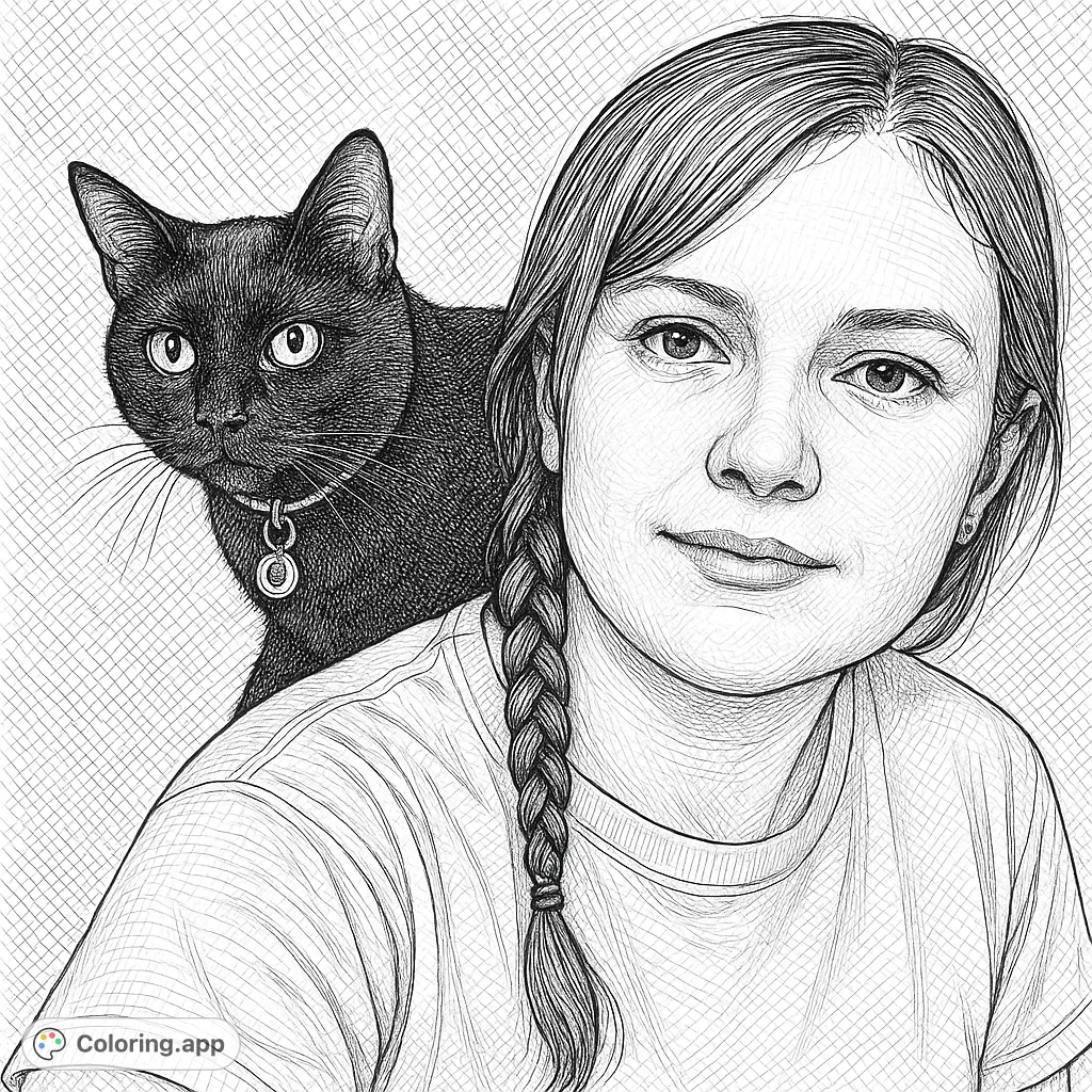 Capture the heartwarming bond between a person and their feline friend in this detailed pet portrait coloring page. Perfect for animal lovers to personalize.