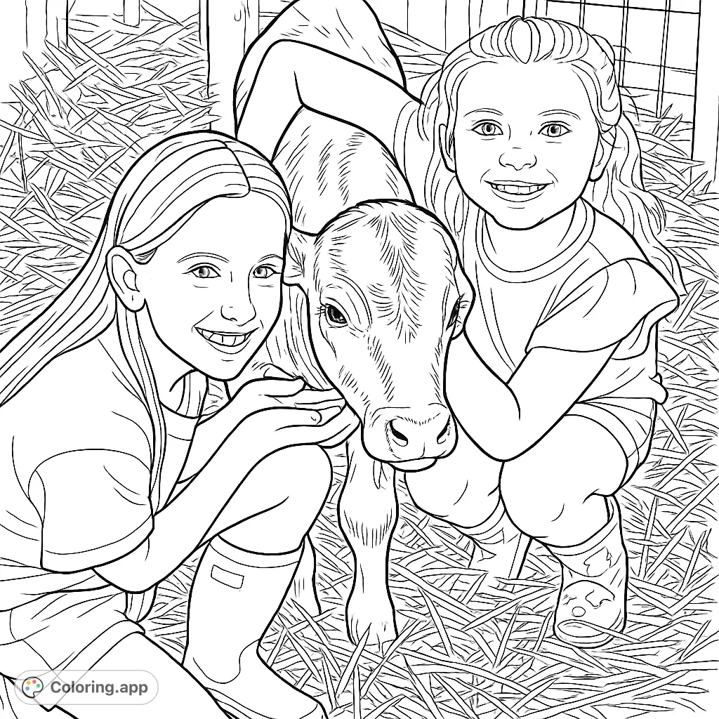 Two smiling girls gently interact with a sweet calf in a barn, surrounded by hay. A heartwarming farm animal scene for coloring.