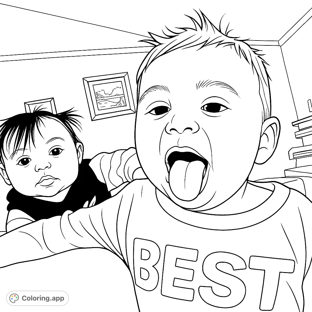 A delightful coloring page featuring two adorable babies, one playfully sticking out their tongue, perfect for capturing joyful moments.