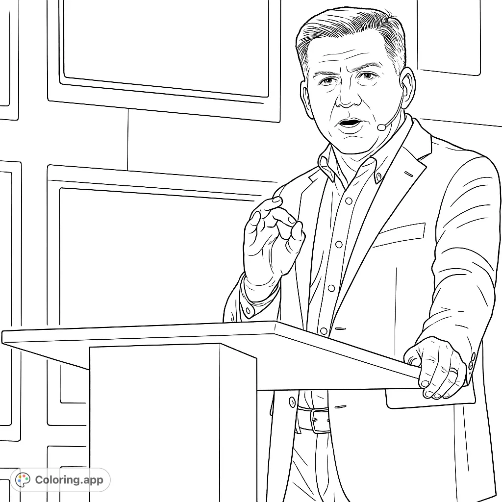 A dynamic coloring page featuring a man speaking at a podium, perfect for capturing the energy of a presentation or public address.