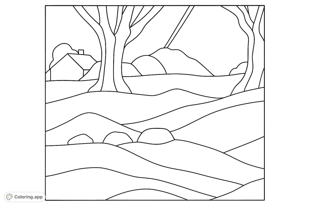 Explore a serene landscape coloring page featuring majestic trees, rolling hills, a distant house, and foreground rocks. A peaceful nature scene awaits your creative touch.