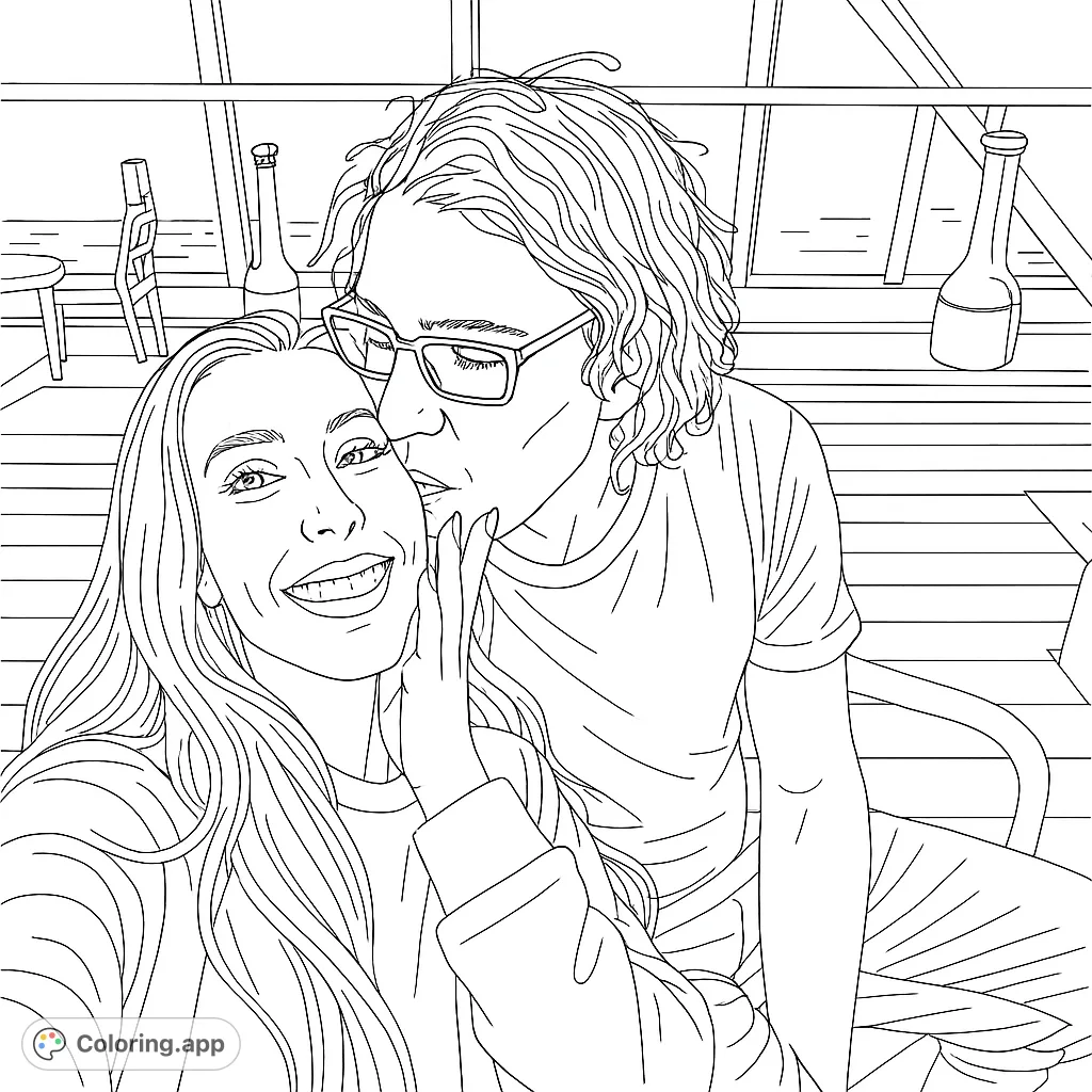 Capture a tender moment with this romantic couple coloring page. A sweet kiss on an outdoor deck, perfect for expressing affection and creativity.