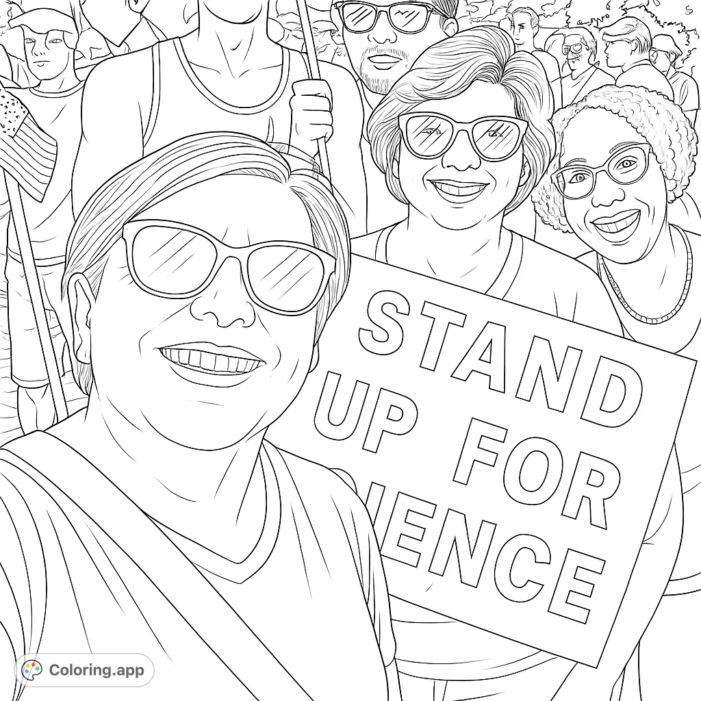 Capture the spirit of unity with this detailed coloring page featuring three smiling individuals at a community gathering, holding a powerful message sign.