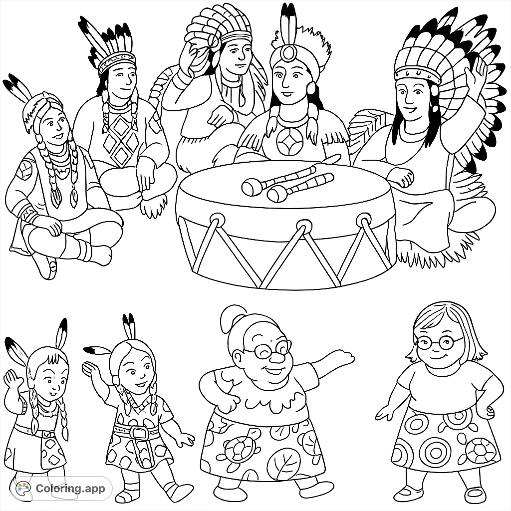 A vibrant scene depicting a cultural drum circle with figures in traditional attire and children dancing, celebrating heritage and community.