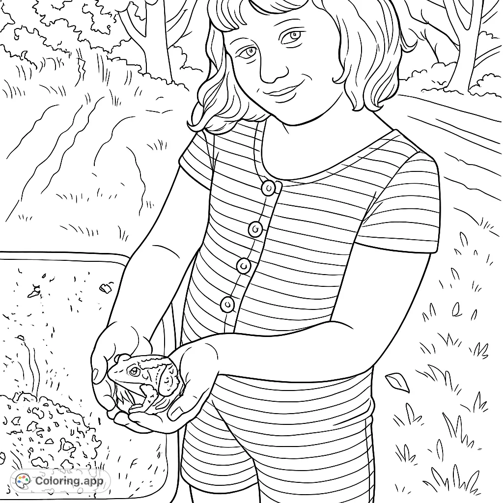 A delightful coloring page featuring a smiling girl gently holding a frog, set against a natural outdoor backdrop. Perfect for nature lovers!
