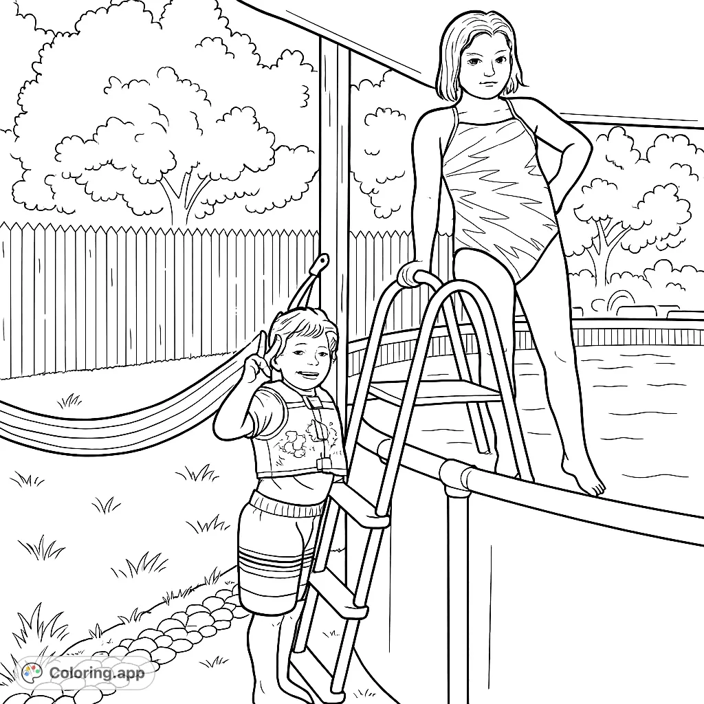 Capture the joy of a summer day with kids by the pool. This fun coloring page features children ready for a swim, perfect for a relaxing activity.