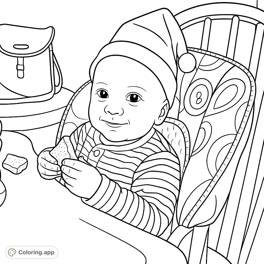 A delightful baby in an elf hat enjoys a snack in a high chair. This charming scene captures a sweet, festive moment, perfect for a fun coloring activity.