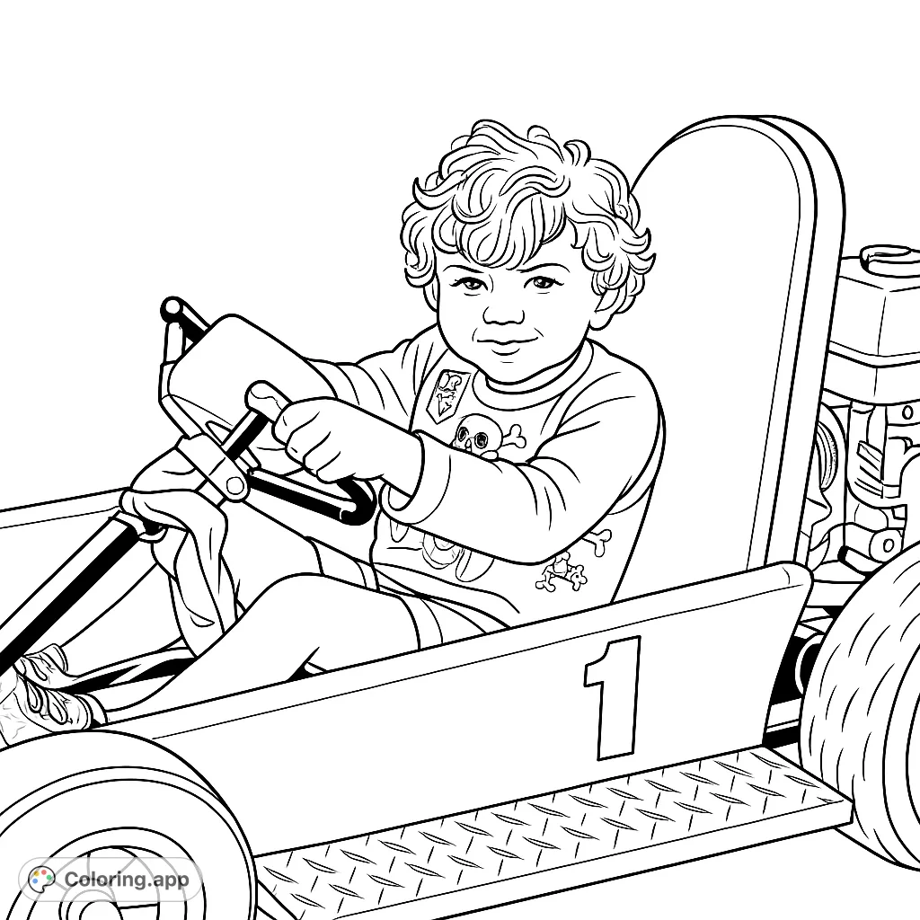 Zoom into fun with this go-kart coloring page! A determined young racer is ready for action, perfect for kids who love speed and adventure.