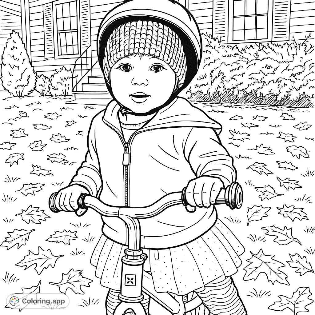 A delightful coloring page featuring a young child on a balance bike, ready for adventure on a leaf-strewn lawn. Perfect for little explorers!
