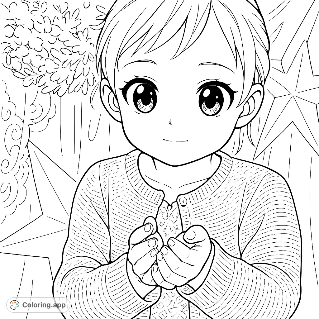 A charming anime-style child with characteristic eyes holds delicate particles, set against a soft, festive background. A delightful free printable coloring page for all ages.