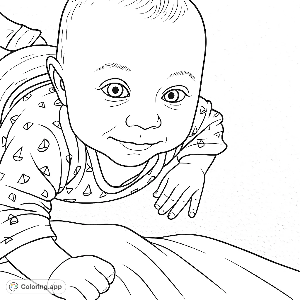 Capture the innocence of a smiling baby in this delightful coloring page. Features a sweet infant in a patterned top, perfect for all ages.