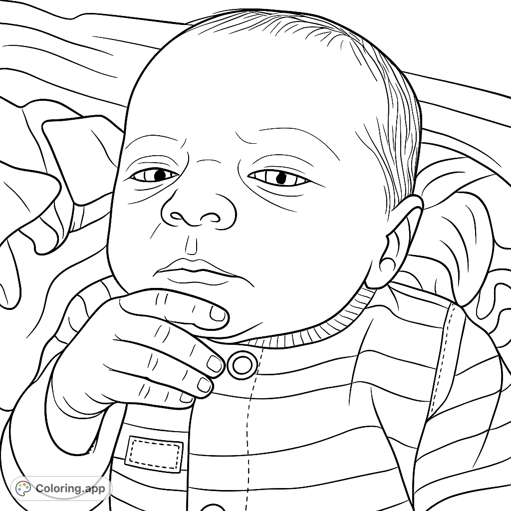 Capture the innocence of a newborn with this adorable baby coloring page. Features a thoughtful baby in a striped outfit, nestled in a patterned blanket.