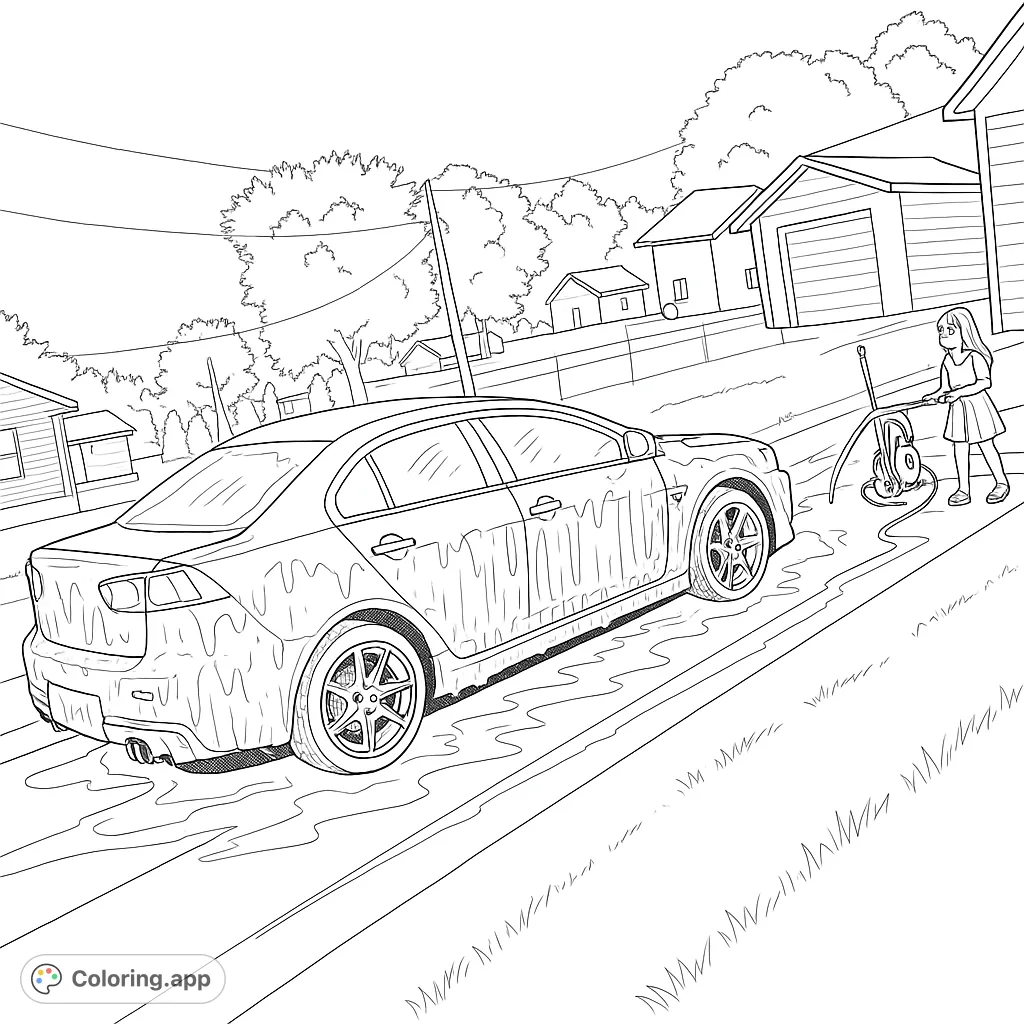 A fun car wash scene featuring a suds-covered sedan and a child with a pressure washer. Perfect for car enthusiasts and family activity themes.