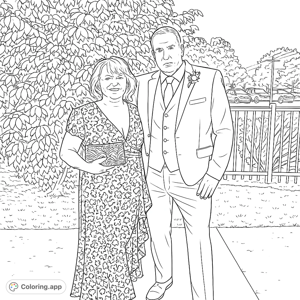 Capture a moment of joy with this elegant couple. Featuring a woman in a patterned dress and a man in a suit, set against a leafy backdrop. Perfect for personalizing!