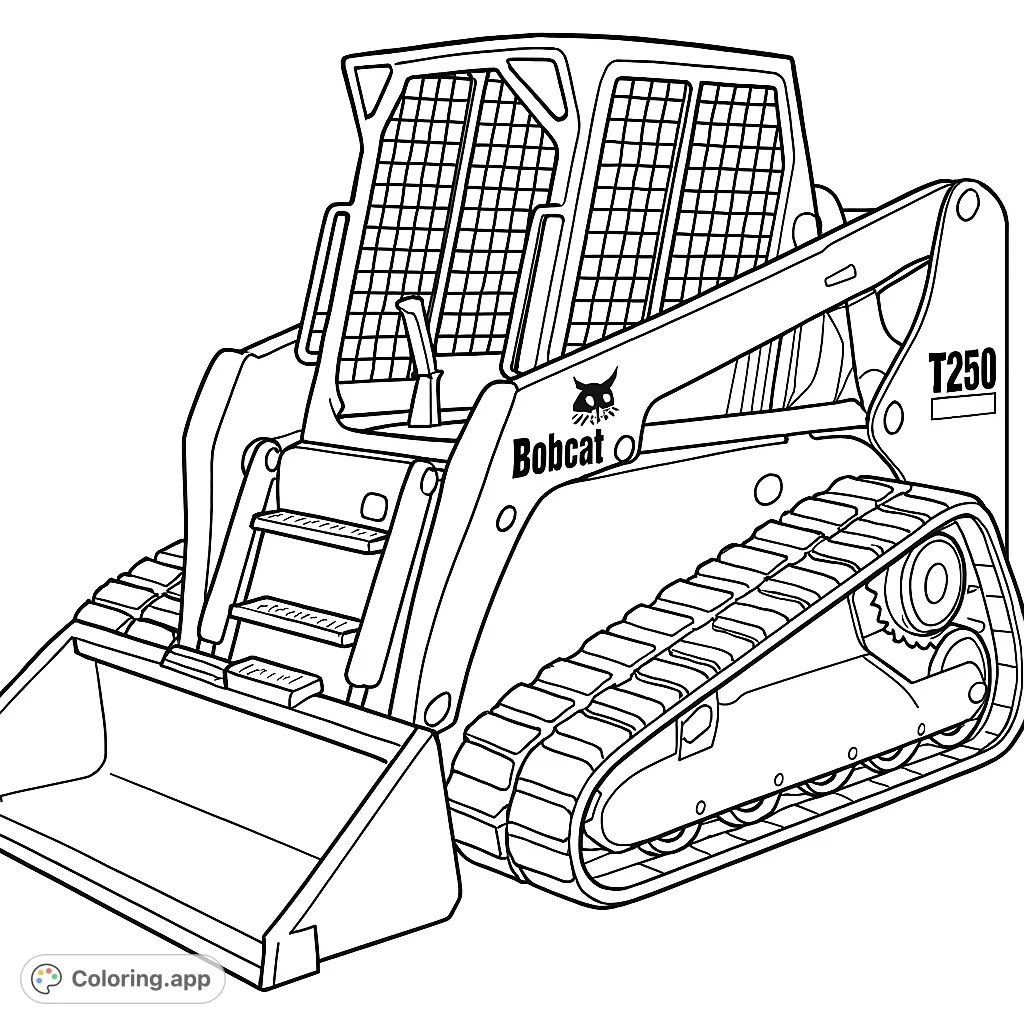 Detailed skid-steer loader coloring page, featuring a powerful construction vehicle with a front bucket and tracked chassis, perfect for heavy equipment enthusiasts.