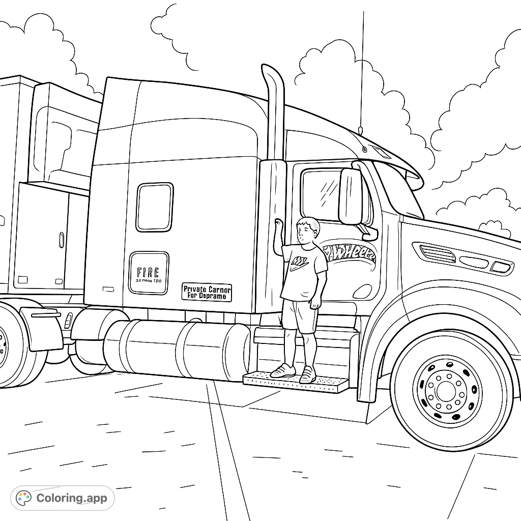 A thrilling semi-truck coloring page featuring two boys standing on the steps of a powerful big rig, ready for an adventure. Perfect for truck enthusiasts!