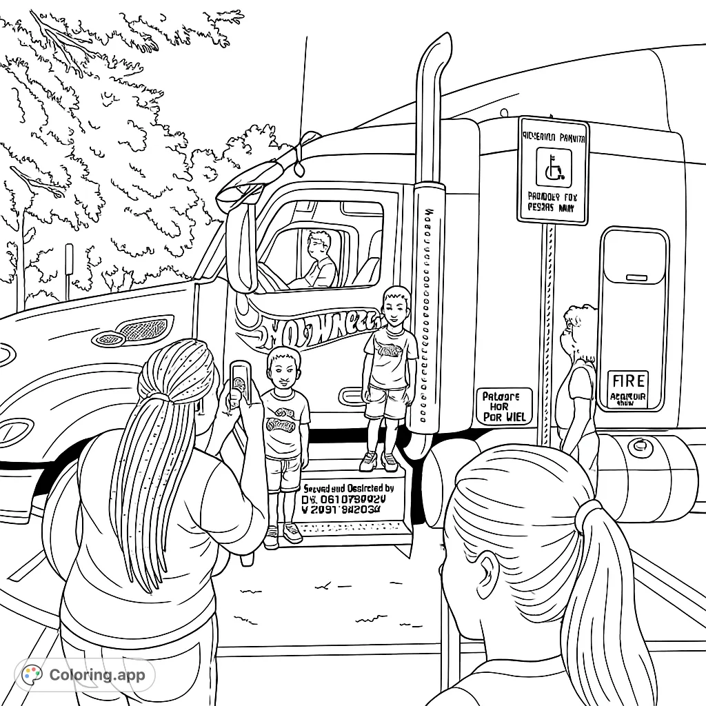 A fun semi-truck coloring page featuring two excited kids on the steps, perfect for truck enthusiasts and young adventurers.