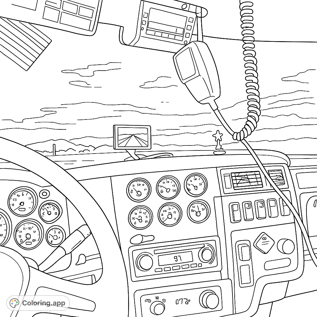 Explore a detailed truck cab interior with a dashboard full of gauges, screens, and a view of a vast landscape at twilight. Perfect for vehicle enthusiasts.
