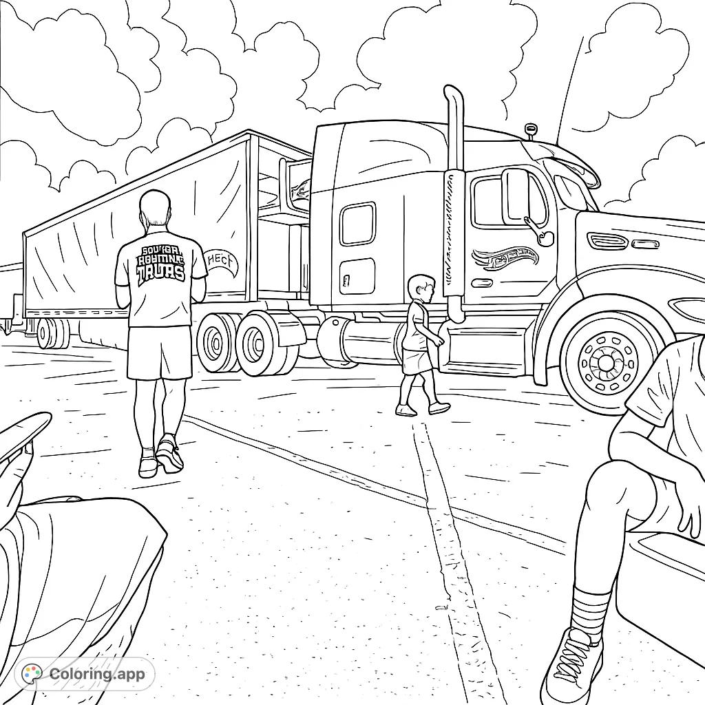 Color a powerful semi-truck with its long trailer, featuring a recognizable logo. A detailed scene with people and a vast parking lot under a cloudy sky.