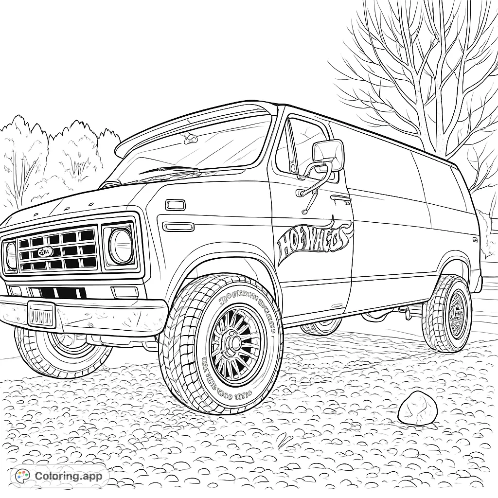 Color a classic utility van with large tires and a distinctive side logo, parked on a gravel surface under a clear sky. Perfect for vehicle enthusiasts!