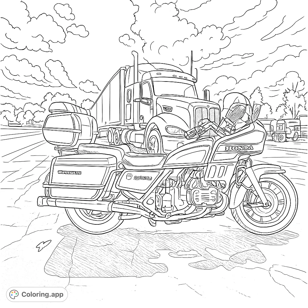 A detailed coloring page featuring a classic touring motorcycle parked in front of a powerful semi-truck, set in an outdoor lot under a cloudy sky.